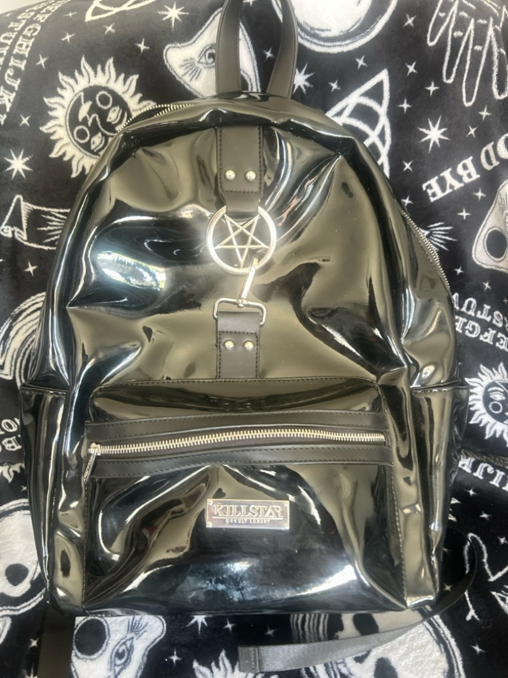 Killstar Glossy Black Patent vegan leather Backpack with Pentagram Charm